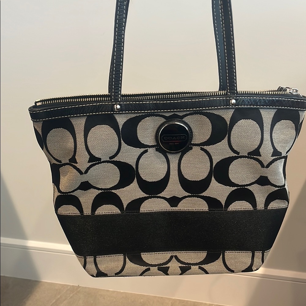 Coach Black and Tan Tote with Distinctive Circle Pattern